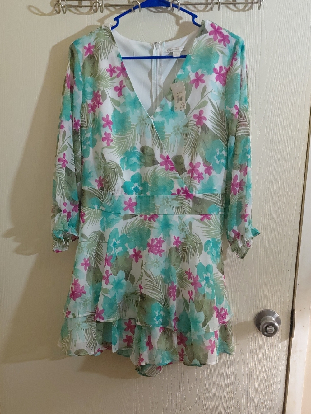 Cato White Floral V-Neck Tiered  Romper with Aqua & Pink Flowers